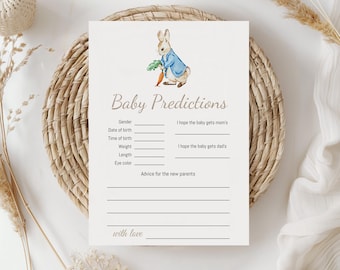 Tarjeta de predicciones para el nacimiento de Peter Rabbit. Consejos para padres para el baby shower. Plantilla de actividad del juego del conejito azul. Descarga instantánea 0104.