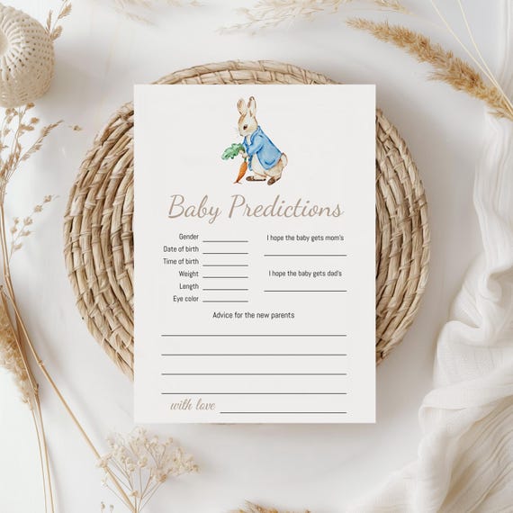 Peter Rabbit Baby Predictions Card Boy Rabbit Baby Shower Advice for Parents Blue Bunny Game Activity Template Instant Download 0104