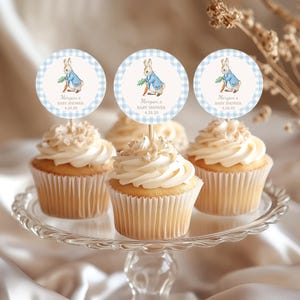 Topper per cupcake Peter Rabbit, coniglietto blu per bambino, decorazione per torta per baby shower Peter Rabbit, decorazione per festa di compleanno, etichetta di Pasqua della fattoria Beatrix Potter 0104
