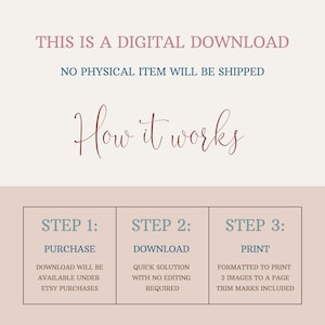 May include: A digital download guide with three steps: purchase, download, and print. The guide is formatted with a light pink background and blue text.