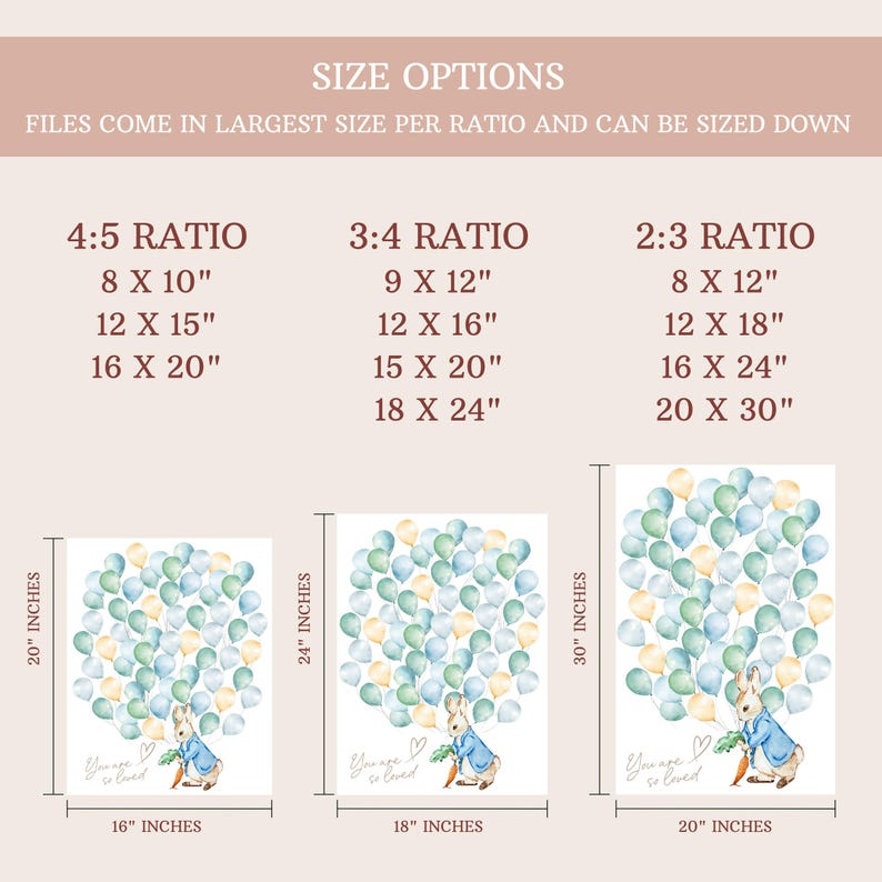 May include: A printable digital download of a Peter Rabbit themed guest book with balloons in shades of blue, green, and yellow. The guest book is available in three sizes: 8 x 12 inches, 12 x 18 inches, and 16 x 24 inches.