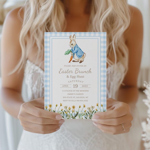 Peter Rabbit Easter Brunch Invitation Blue Gingham Rabbit Easter Egg Hunt Invite Bunny Easter Party Evite Farm Garden Editable Template 0104