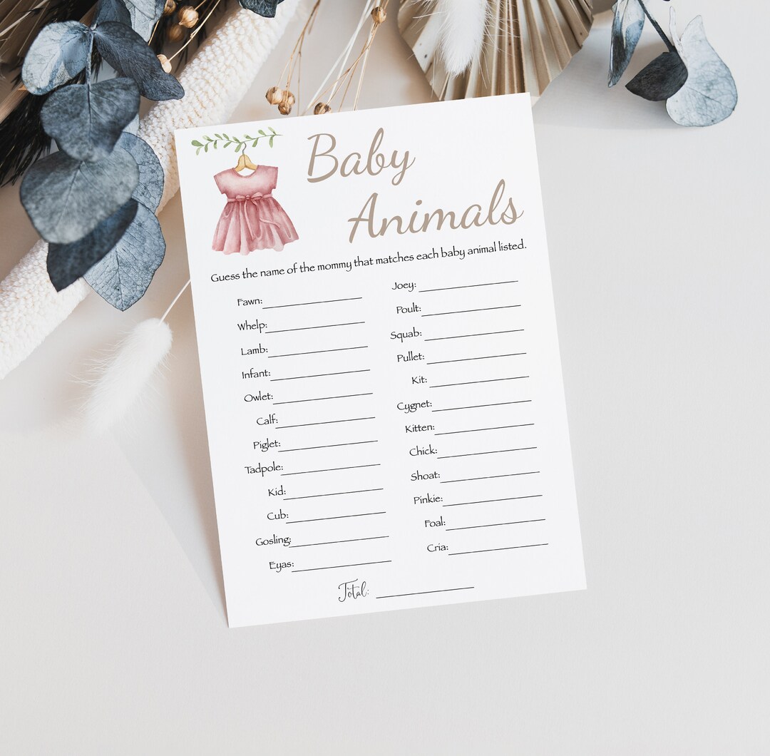 Baby Animal Game, Printable Baby Shower Game, Girl Baby Shower, Boho