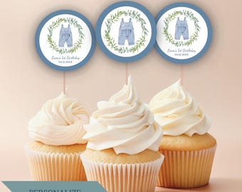 Erster Geburtstag Junge Cupcake Toppers Denim Overall Kuchen Topper Blau Jeans 1st Birthday Boy Party Decor Bearbeitbar Geburtstag One Favor Tags 0048