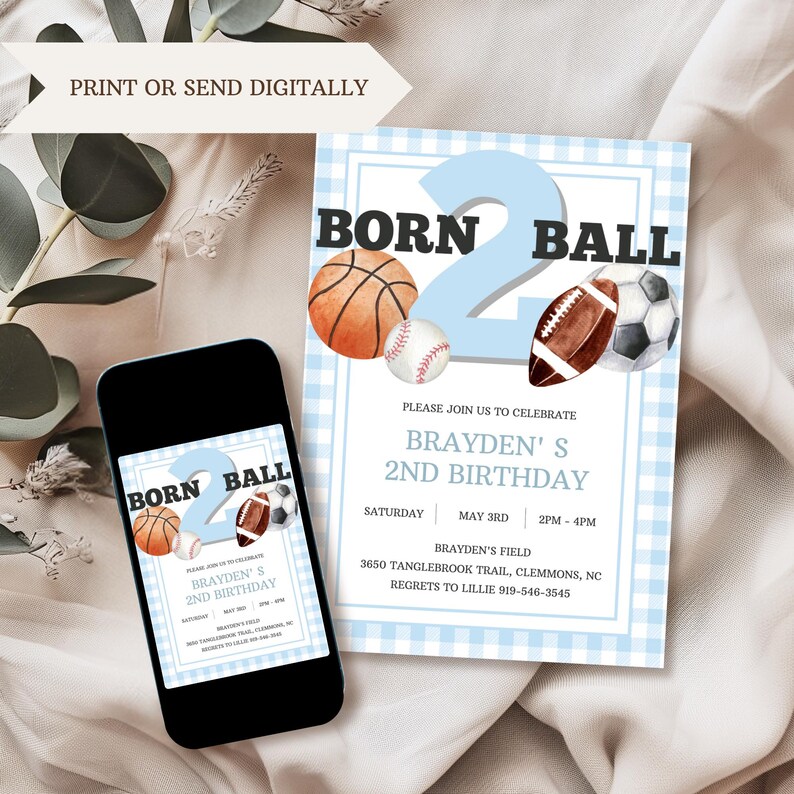 Boy Second Birthday Party Invitation Born 2 Ball Sports Theme Birthday ...