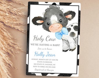 Holy Cow Boy Baby Shower Invitation Blue Bow Cow Shower Invite Baby Boy Cow Print Evite Rustic Farm Animal Barnyard Editable Template 0083