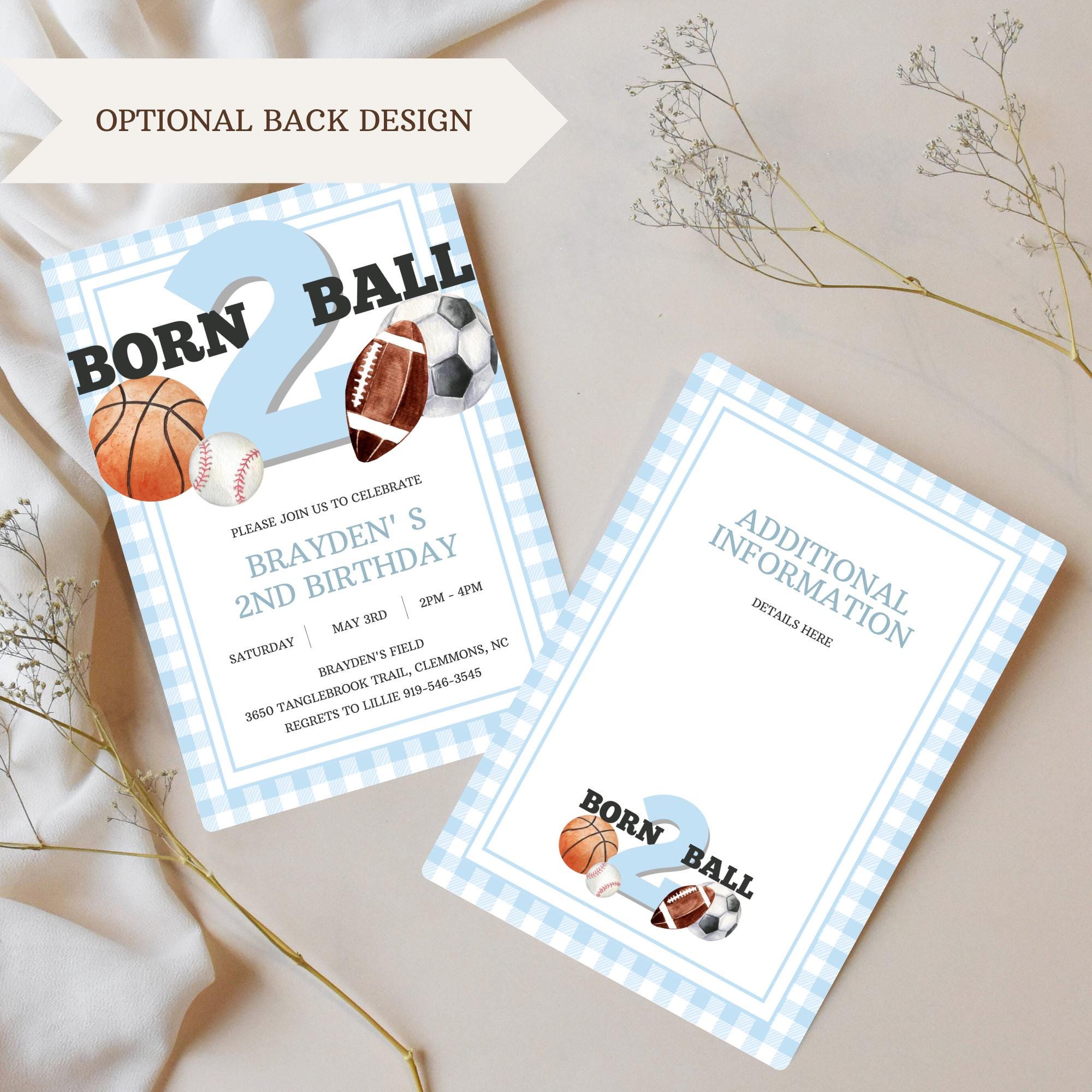 Boy Second Birthday Party Invitation Born 2 Ball Sports Theme Birthday ...