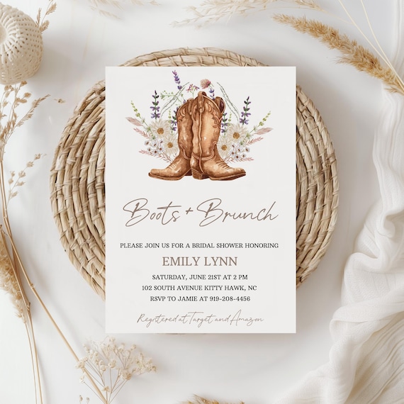 Boots and Brunch Wildflower Bridal Shower Digital Invitation Cowgirl Wedding Shower Invite Country Western Rustic Farm Editable 0107