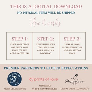 May include: A digital download graphic with the text "This is a digital download. No physical item will be shipped." and "How it works."  The graphic is divided into three sections, each with a step number and instructions. The steps are: 1. Place your order and check your email for the Corjl access link. 2. Personalize your template using Corjl and click download. 3. Print at home, professionally, or send via text or email. The graphic also includes the text "Premier Partners to Exceed Expectations" and logos for Corjl, Prints of Love, and Paperless Post.