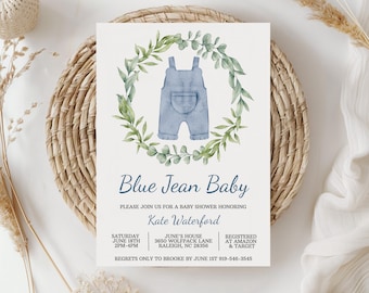 Boy Baby Shower Invitation Denim Baby Clothes Editable Invite Boho Baby Evite Blue Jean Baby Clothesline Blue Overalls Baby Sprinkle 0048