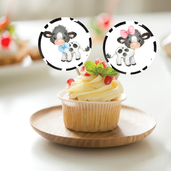 Cow Cupcake Toppers, Bow and Bowties Gender Reveal, Boy and Girl Cow Cake Toppers, Cow Print 2" circle, 2.25" square, Instant Download, 0083