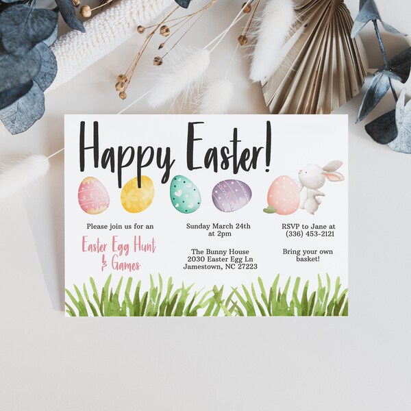 Easter Egg Hunt Invitation, Easter Party Invite, Easter Brunch Rabbit Evite, Minimalist Bunny, Gender Neutral Invite, Editable 0022