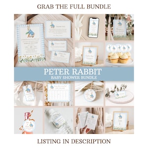 May include: A Peter Rabbit themed baby shower bundle with blue and white checkered patterns. The bundle includes invitations, thank you cards, cupcake toppers, water bottle labels, and more.