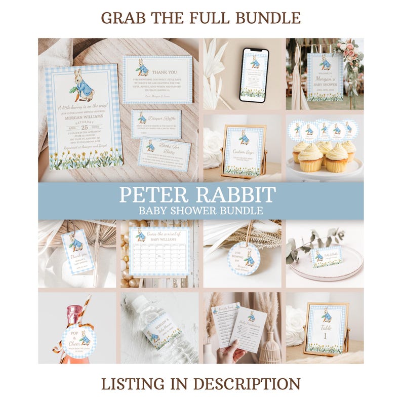 May include: A Peter Rabbit themed baby shower bundle with blue and white checkered patterns. The bundle includes invitations, thank you cards, cupcake toppers, water bottle labels, and more.