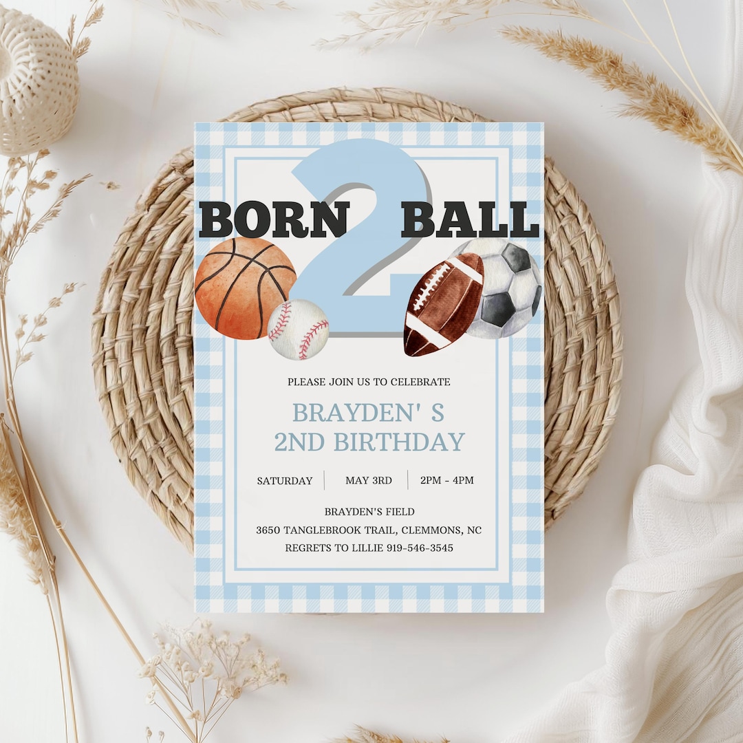 Boy Second Birthday Party Invitation Born 2 Ball Sports Theme Birthday ...