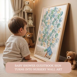 Segno del libro degli ospiti per baby shower di Peter Rabbit, palloncino, decorazione da parete per la cameretta dei bambini, Beatrix Potter, cartello per gli ospiti con coniglio blu, decorazione per la festa del 1° compleanno del coniglietto 0104