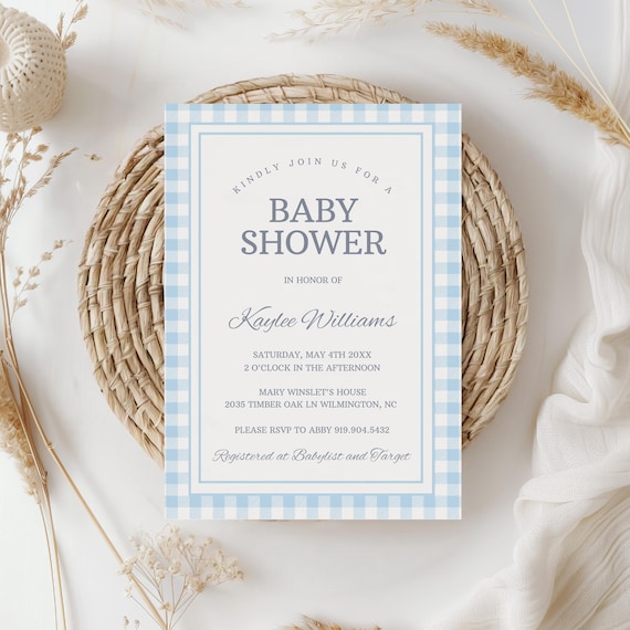 Blue Gingham Baby Shower Invitation Classic Gingham Boy Baby Sprinkle Editable Invite Printable Invitation Template Digital Download 0075