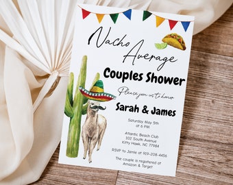 Fiesta Couples Shower Invitation, Nacho Average Wedding Shower Invite, Cinco De Mayo, Taco About Love, Mexican, Desert, Cactus, Llama, 0042