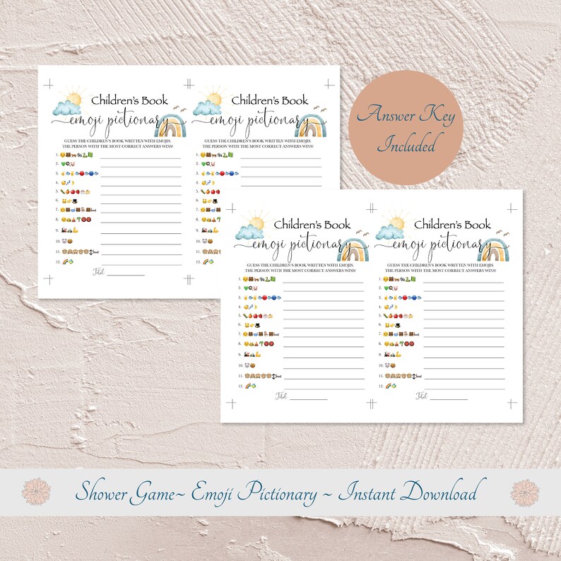 Emoji Pictionary Game, Sunshine and Rainbow Baby Shower, Boho Baby