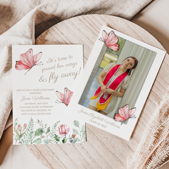 Butterfly Graduation Party Invitation Floral Graduate Invite Girl Graduation Theme Printable Class of 2025 Grad Editable Template 0071