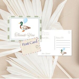 Eend bedankkaart babyshower 1e verjaardag één gelukkige eend digitale feestartikelen een klein eendje bewerkbare sjabloon 0097