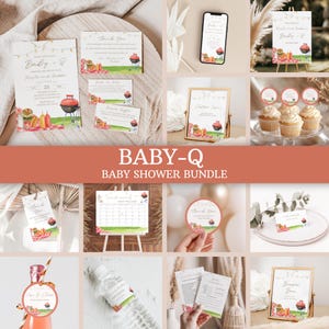 May include: A collection of baby shower stationery with a BBQ theme. Includes invitations, thank you cards, cupcake toppers, and a calendar. The design features a red grill, burgers, and condiments.