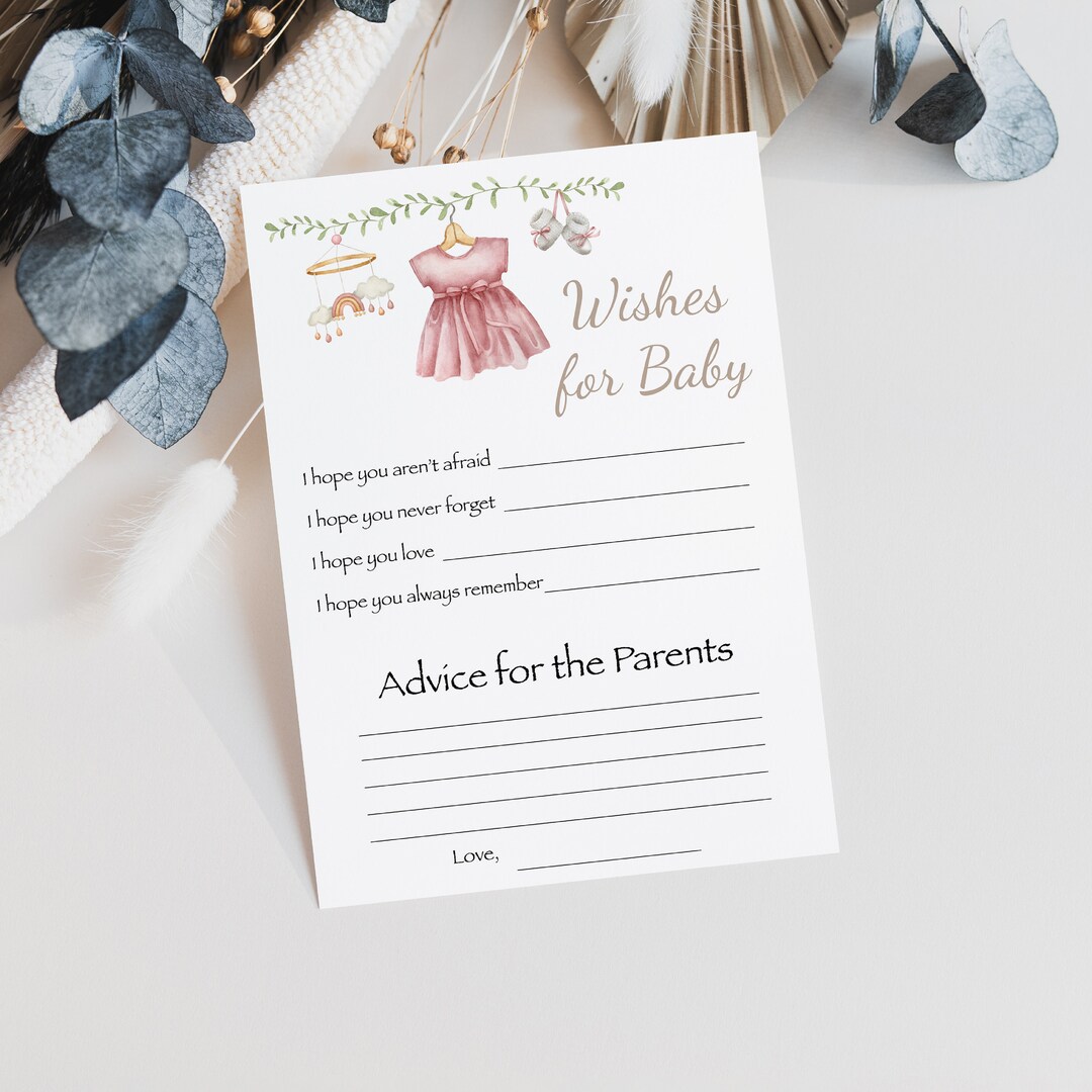 Girl Clothesline Wishes for Baby, Advice for Parents, Baby Shower Game
