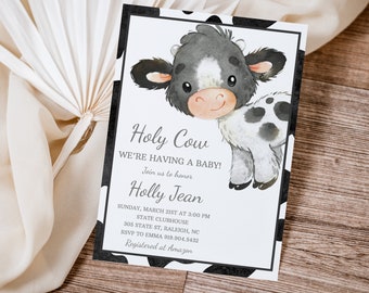 Holy Cow Baby Shower Invitation, Cow Baby Shower Invite, Gender Neutral Minimalist Cow Evite, Cow Print, Editable Template, 0083