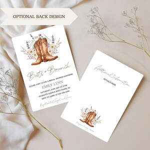 May include: A printable bridal shower invitation with a watercolor illustration of brown cowboy boots with floral accents. The text reads "Boots & Brunch" and includes details for the event, such as the date, time, and location.