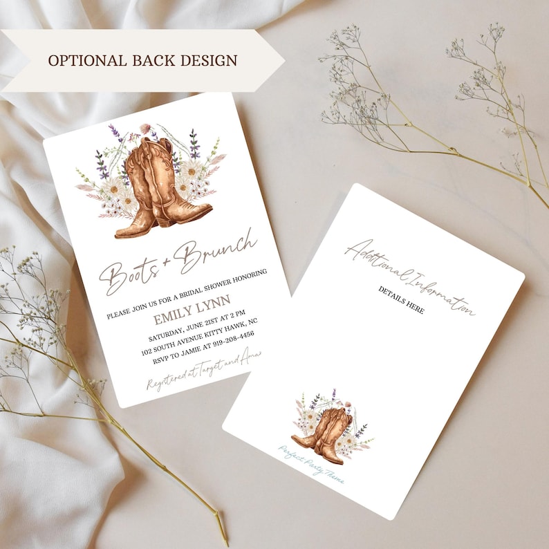 May include: A printable bridal shower invitation with a watercolor illustration of brown cowboy boots with floral accents. The text reads "Boots & Brunch" and includes details for the event, such as the date, time, and location.