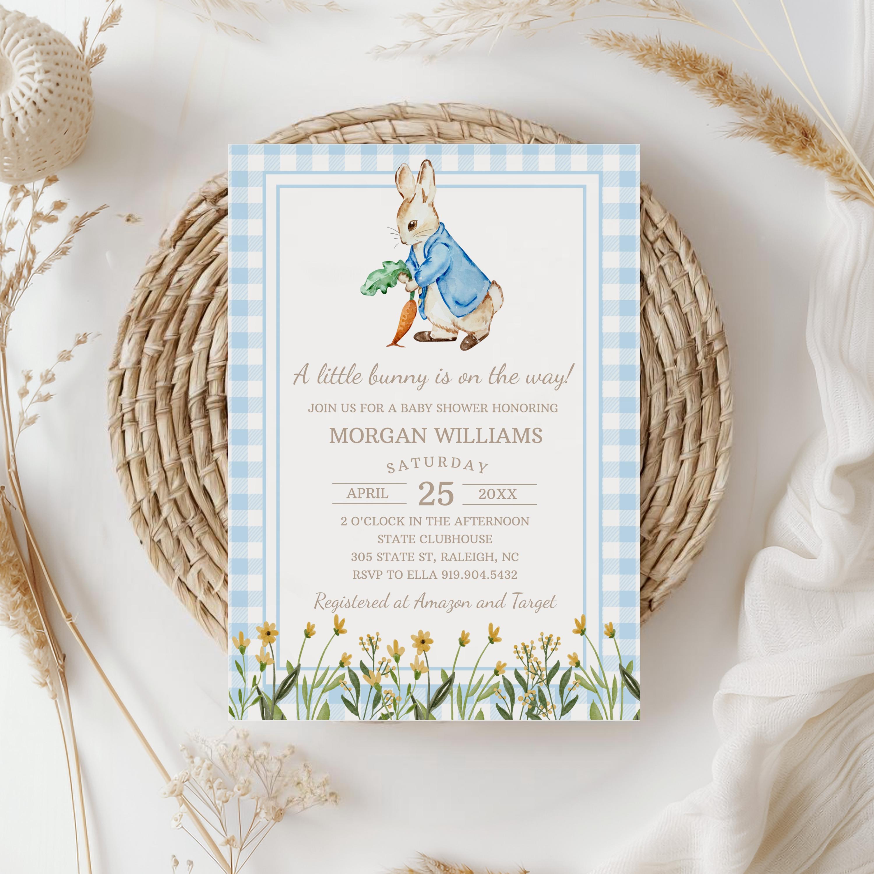 Peter Rabbit Baby Shower Invitation Blue Rabbit Boy Baby Shower Invite A Little Bunny is on the Way Farm Garden Editable Template 0104