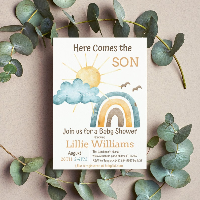 Here Comes the Son Baby Shower Invitation Sunshine Baby Shower Invite Here Comes the Sun Rainbow Boy Baby Shower Editable