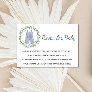 Junge Bücher für Baby Blue Jeans Overall Babyparty Einladung Insert Babys erste Bibliothek Denim Babyparty Aktivität & Spiel-Download 0048
