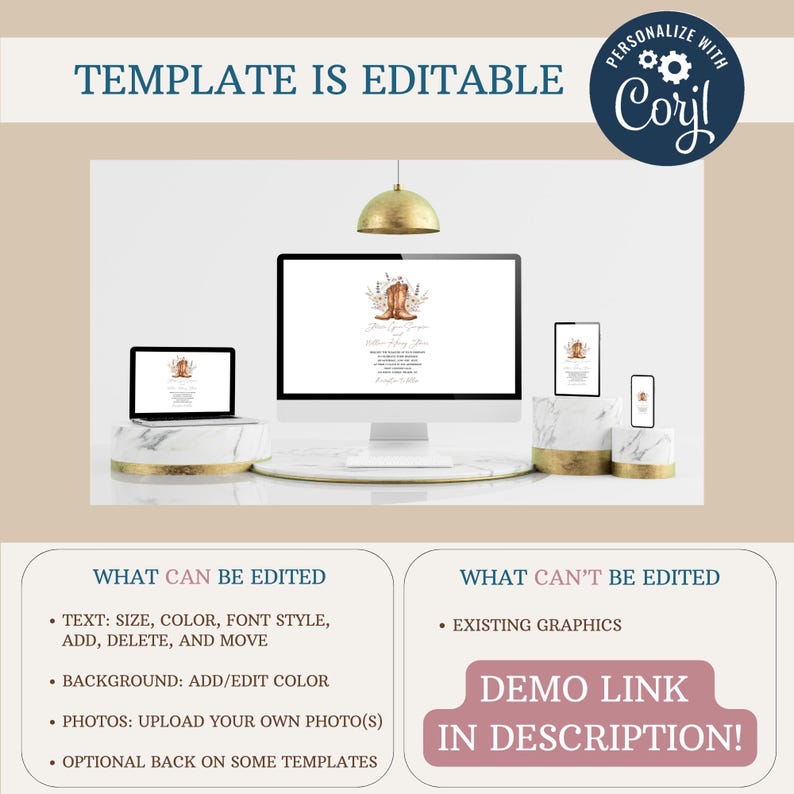 May include: A digital mockup of a customizable template for a party invitation. The template features a pair of brown cowboy boots with floral accents. The text on the template reads "You're Invited to a Boots & BBQ Party". The mockup shows the template displayed on a computer screen, a tablet, and a smartphone.