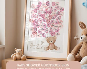 Pink Teddy Bear Baby Shower Guestbook Sign, Balloon Nursery Wall Art (Digital Download) 0100