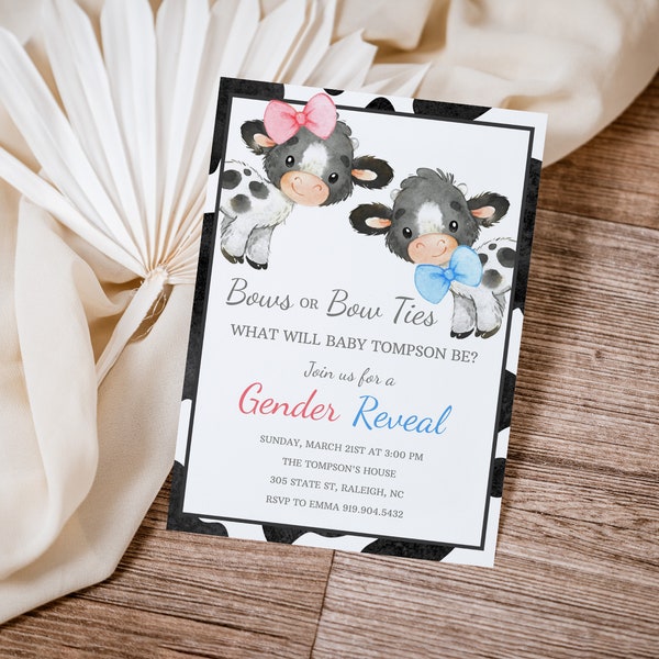 Cow Gender Reveal Invitation, Bows or Bowties Gender Reveal Invite, Minimalist Cow Evite, Pink or Blue Cow Print, Editable Template, 0083