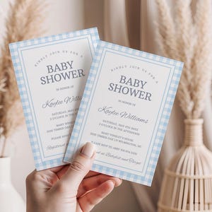 Gingham Boy Baby Sprinkle Editable Invite Printable Invitation Template Digital Download in a hand