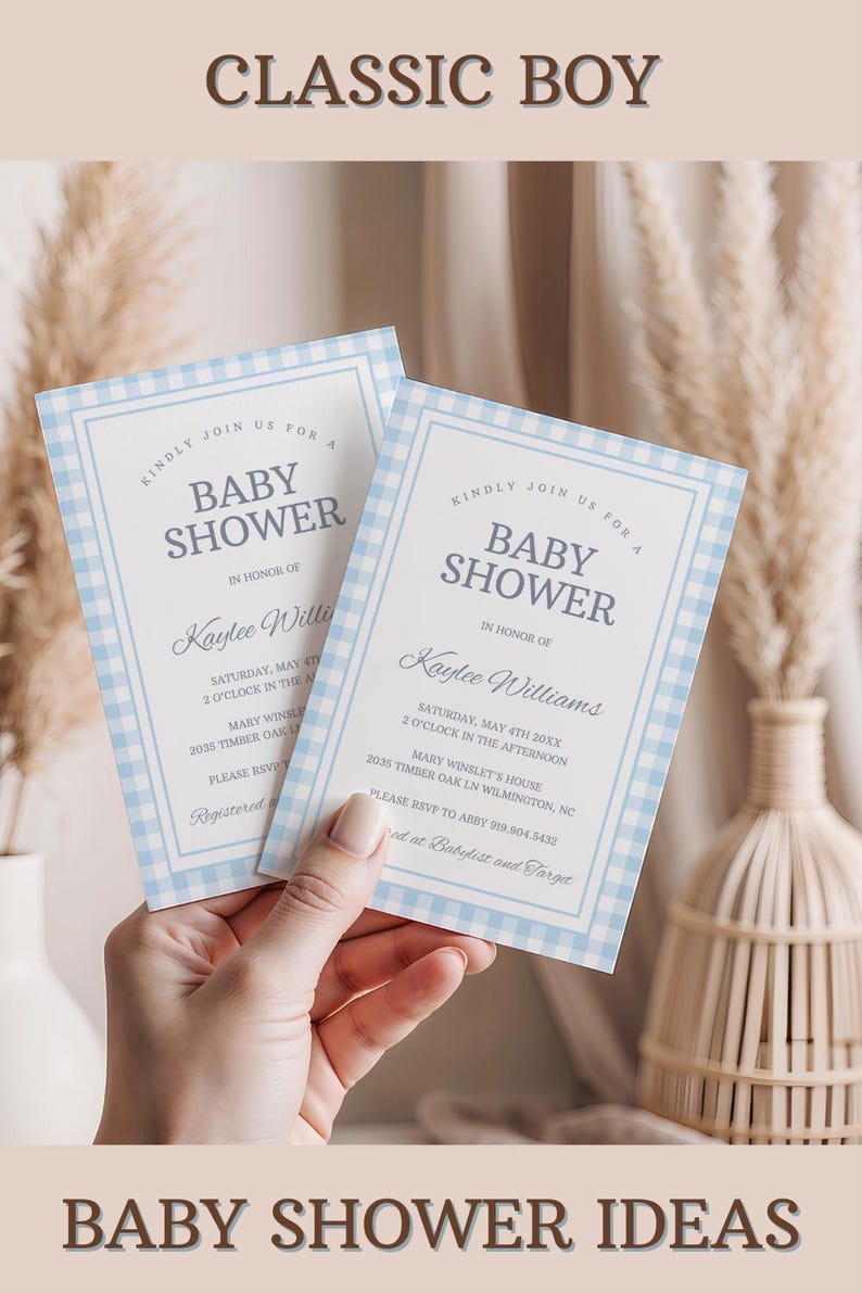 Gingham Boy Baby Sprinkle Editable Invite Printable Invitation Template Digital Download in a hand