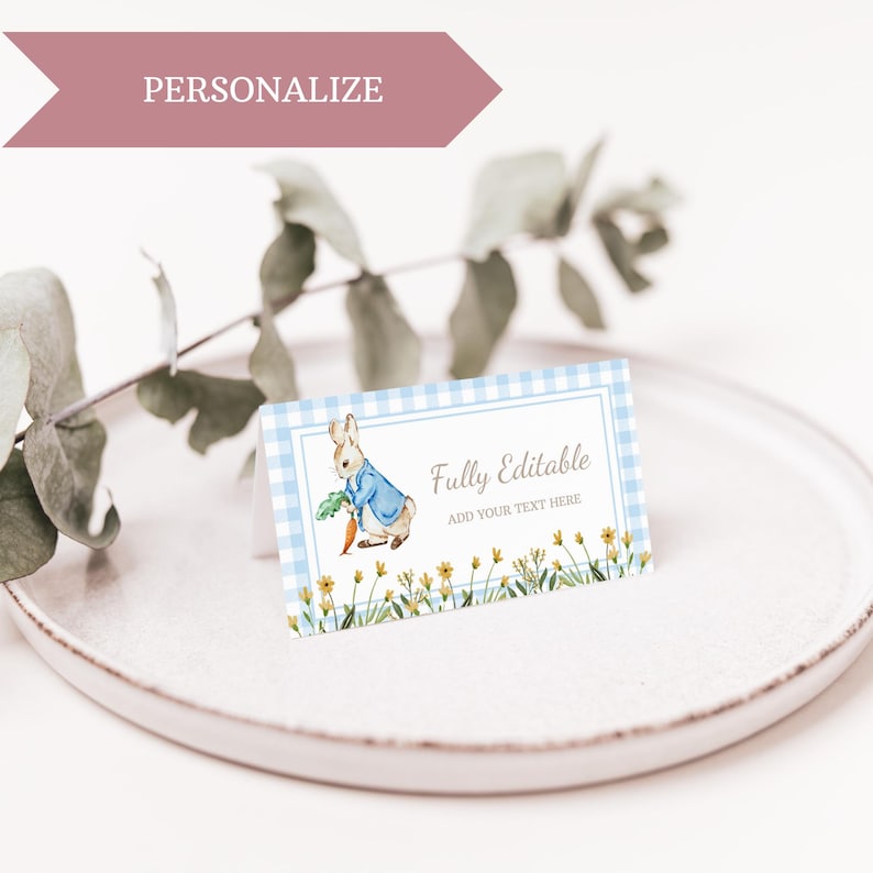 Peter Rabbit Food Label Blue Rabbit Place Card Boy Baby Shower Tent ...