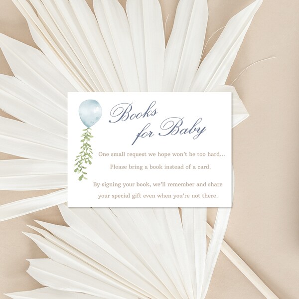 Books for Baby Card, Oh Boy Blue Balloon Invitation Insert, Summer Baby Shower, Greenery, Shower Games& Activities, Instant Download 0038