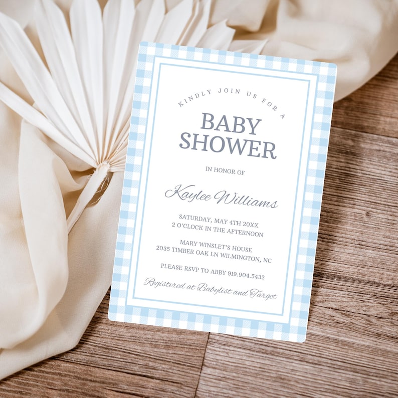 Classic Gingham Boy Baby Sprinkle Editable Invite