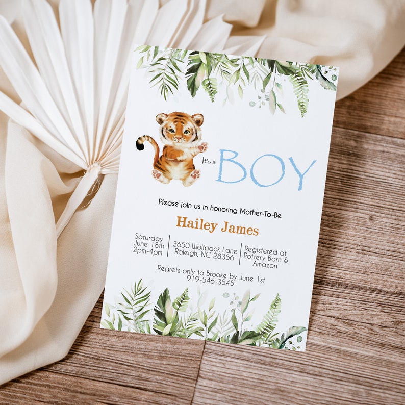 Tiger Baby Shower Invitation Its a Boy Baby Animals Evite Jungle Baby Shower Invite Boy Baby Shower Safari Editable Template