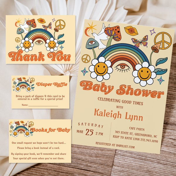 Hippie Baby Shower Invitation Bundle, Groovy Retro Hippy Invite, 60's, 70's, Boho Rainbow, Mushrooms, Fungi, Daisy, Sun, Editable, 0040