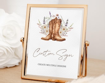 Western Editable Sign Boots and Wildflower Bridal Shower Decor Cowgirl Wedding Table Sign Country Western Baby Shower Customizable Sign 0107