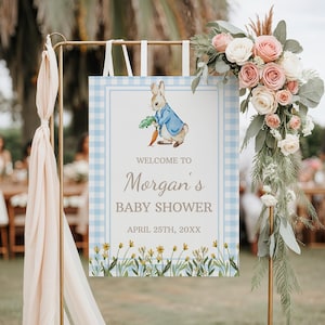 Cartello di benvenuto Peter Rabbit Blue Rabbit Baby Shower Decor Un piccolo coniglietto è in arrivo Sfondo Banner per baby shower Modello modificabile 0104