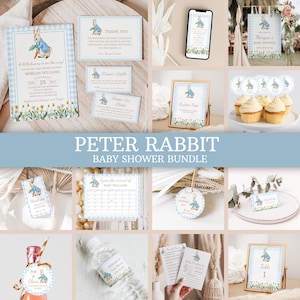 Peter Rabbit Baby Shower Bundle Blue Rabbit Boy Baby Shower Invite Set Un piccolo coniglietto è in arrivo Vintage Beatrix Potter Shower Decor 0104