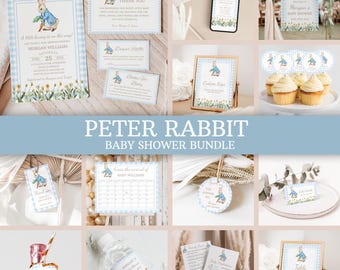 Peter Rabbit Baby Shower Bundle Blue Rabbit Boy Baby Shower Invite Set A Little Bunny is on the Way Vintage Beatrix Potter Shower Decor 0104