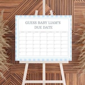 Blue Gingham Guess the Due Date Calendar Game Boy Baby Shower Minimalistic, Guess Baby&#39;s Birth Date Calendar, Editable Download, 0075