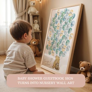 Letrero de libro de visitas para baby shower de Winnie The Pooh, globo, arte de pared para guardería, letrero de libro de visitas alternativo, decoración para el primer cumpleaños de Blue Boy Pooh Bear 0100