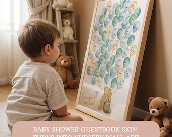 Winnie The Pooh Baby Shower Guestbook Sign Balloon Nursery Wall Art Alternate Guest Book Sign Blue Boy Pooh Bear 1st Birthday Decor 0100